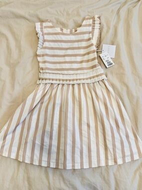 Girls btween Beige and White Striped Pleated Waist Dress